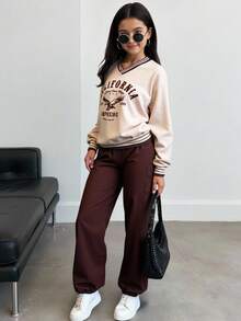 Sparklyn 2 件套青少年女孩休闲时尚运动日常通勤美式棒球风格 Polo 领宽松长袖上衣和舒适工装裤，秋冬 - 卡其色 - 查看 6