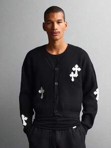 SUMWON 短款针织纽扣前长袖开衫经典麻花针织休闲秋冬舒适毛衣 - 黑色 - 查看 2