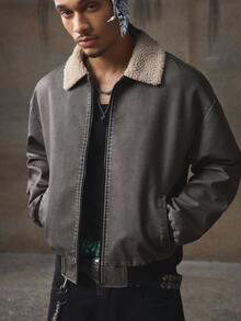 AXEPEAK Vintage Men's Solid Color Drop Shoulder Casual Zip-Up Fashionable Jacket, Grunge, Fall/Winter - Black - View 4