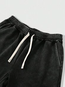 ROMWE MEN Men's Drawstring Waist Pockets Wide Leg Loose Casual Sweatpants - Black - View 3
