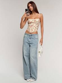 SHEIN BAE Débardeur ajusté sexy avec bordure en dentelle et lien dans le dos pour femmes - Rouge - Voir 7