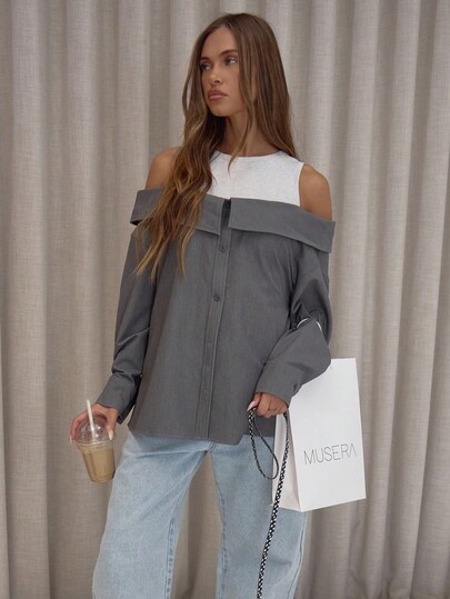 MUSERA Layered Cold Shoulder Oversized Button Down Shirt Cute Classy Sexy Streetwear Fall Autumn Night Out  Party Elegant Holidays Spring Summer