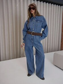 MUSERA Bộ jumpsuit denim tay phồng dáng rộng ống loe, chi tiết đường may, phong cách đường phố sang trọng, gợi cảm, thích hợp cho mùa thu thu, đi chơi đêm, xuân hè. - Rửa trung bình - Xem 1