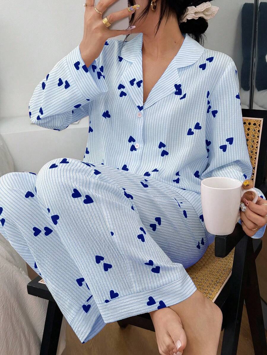SHEIN Women's Collared Heart Striped Long Sleeve Top & Pants Pajama Set, Blue And White Pajama Set, Fall Winter Clothes - Blue - View 1