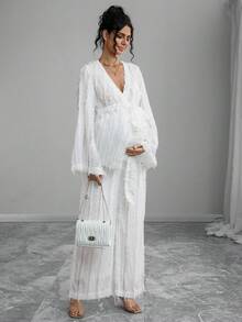 Momance 2pcs/Set Fashionable Feather Print Long Sleeve Top And Wide Leg Pants - White - View 4