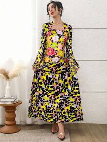 Al Najma 女式花卉豹纹喇叭袖优雅阿拉伯风格连衣裙 - 彩色 - 查看 1