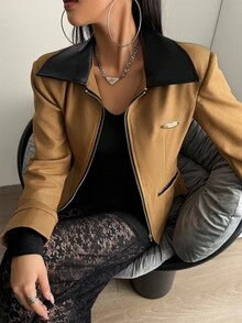 Modelyn Women's Woven Khaki Long Sleeve Fitted Flared Casual Jacket, Suitable For Dating And Outings, Autumn - Khaki - View 6