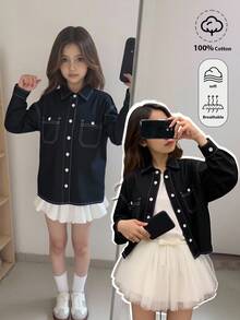 SHEIN 少女时尚休闲 Y2K 复古酷炫街头风返校学院风黑色真口袋设计牛仔翻领长袖外套，柔软舒适，适合日常穿着、秋冬季节、锐舞派对以及居家休闲。 - 黑色 - 查看 1