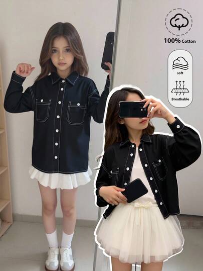 SHEIN Chaqueta de mezclilla de manga larga con diseño de bolsillo real, cuello de solapa y estilo vintage Y2K para niñas preadolescentes. Ideal para uso casual, regreso a la escuela, universidad, uso diario, invierno, otoño, festivales y estilo callejero.