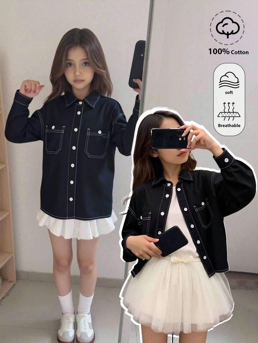 SHEIN 少女时尚休闲 Y2K 复古酷炫街头风返校学院风黑色真口袋设计牛仔翻领长袖外套,柔软舒适,适合日常穿着、秋冬季节、锐舞派对以及居家休闲。 - 黑色 - 查看 1