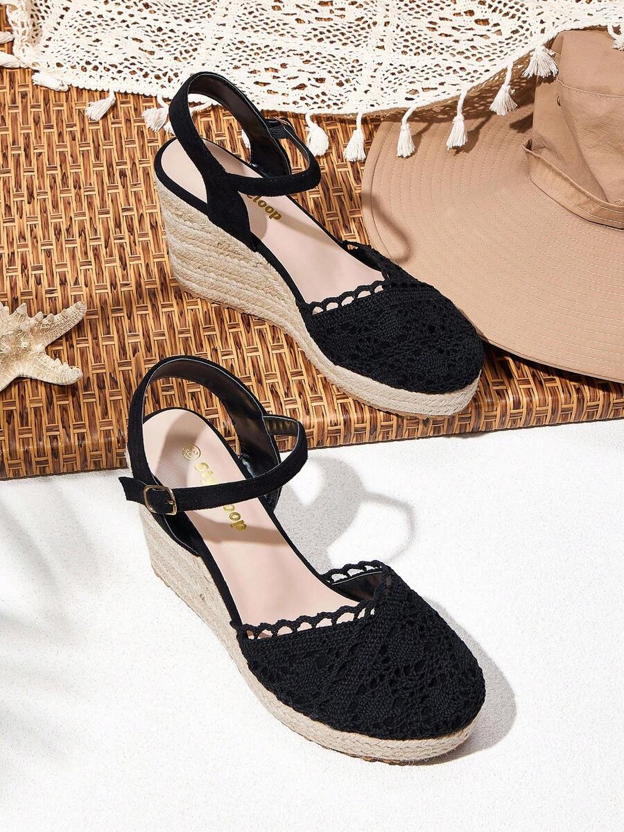 Styleloop Women's Wedge & Platform Slip-On Sandals, Embroidered Pattern, Summer Bohemian Holiday Sandals, Woven Rope Roman Beach Sandals With Criss-Cross Straps, Suitable For Holiday Season, Spring/Summer, Boho Style, Vacation Outfit, Vacation Outfits Travel Essentials - Black - View 1