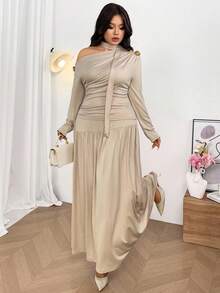 Firerie 2 件套：围巾领长袖宽松裙 - 杏色 - 查看 6