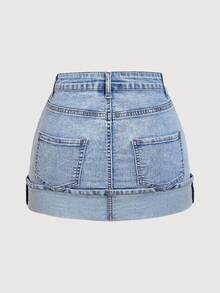 SHEIN MOD Váy mini denim bó sát, giặt thường ngày cỡ lớn - Màu xanh lam - Xem 2