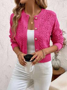 SHEIN Clasi Cardigan Wanita Lengan Panjang Minimalis Warna Polos dengan Potongan Pendek dan Lubang-lubang, Cocok untuk Pakaian Sehari-hari di Musim Gugur/Dingin - Hot Pink - View 4