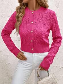 SHEIN Clasi Cardigan Wanita Lengan Panjang Minimalis Warna Polos dengan Potongan Pendek dan Lubang-lubang, Cocok untuk Pakaian Sehari-hari di Musim Gugur/Dingin - Hot Pink - View 6