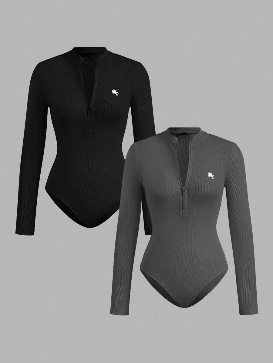 SHEIN EZwear 2件套黑色和深灰色女式小马印花拉链高领紧身连体衣套装 - 彩色 - 查看 1