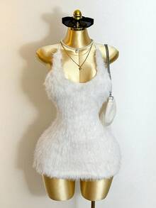 Mistrie Vestido sexy con cuello en U, espalda descubierta y detalle de lazo, de felpa larga para mujer - Perfecto para citas, fiestas, festivales de música y vida nocturna