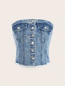 SHEIN PETITE Women's Casual Front Button Cropped Denim Top