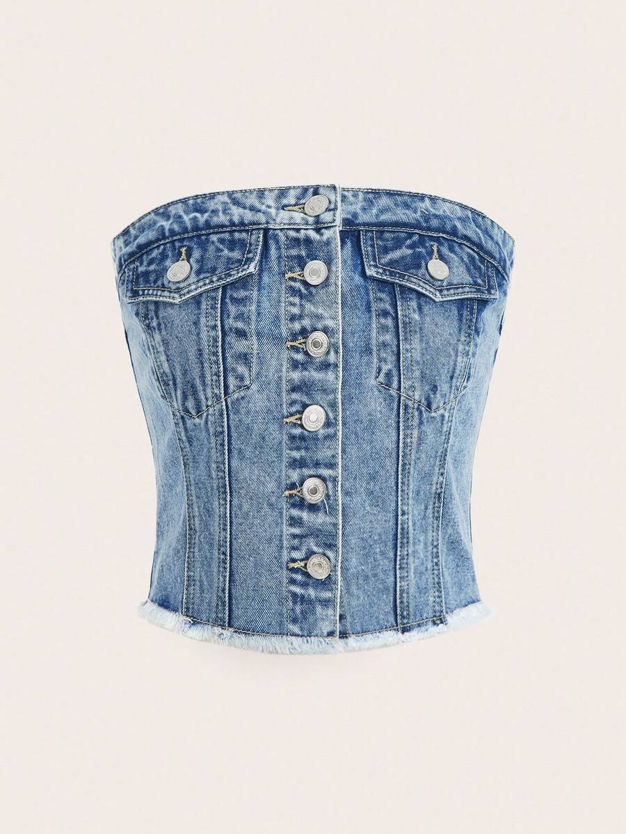 SHEIN PETITE Women's Casual Front Button Cropped Denim Top