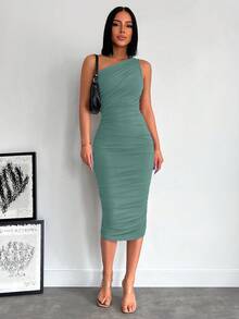 EURMUSE Women's Minimalist Solid Color Pleated Asymmetric Neck Midi Dress - Mint Green - View 4