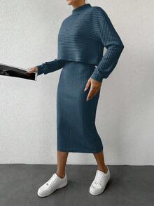 SHEIN Cottnline 2pcs Women Set: Solid Color Drop Shoulder Knit Long Sleeve Sweater Dress - Dark Green - View 4