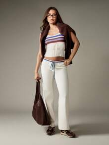 MISSGUIDED 舒适针织阔腿家居裤，配有抽绳腰带，复古条纹饰边，罗纹秋冬休闲裤 - 彩色 - 查看 3