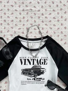 SHEIN Tween Girls Vintage Racing Car Pattern, Teen Girls Casual Minimalist Raglan Sleeve T-Shirt, Suitable For Summer Fall Winter - Black and White - View 3