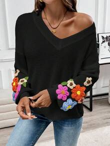 EMERY ROSE Casual Fashion Versatile V-Neck Crochet Sleeve Floral Decor Lantern Sleeve Women Pullover Sweater