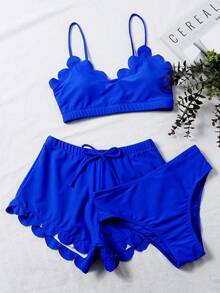 SHEIN Swim Summer Beach 3packs Scalloped Trim Bikini Set Matching Sets - Royal Blue - View 1