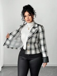 Elenzga Plus Size Women Plaid Patchwork PU Elegant Blazer Jacket With Button Closure, Autumn/Winter - Black and White - View 7
