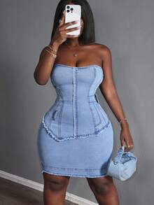 Slaydiva Đầm hở lưng denim cỡ lớn - Màu xanh lam - Xem 6