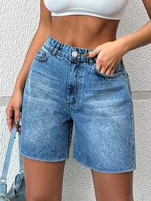 CasuGlow 100%Cotton Women's Frayed Straight-Leg Denim Shorts - Medium Wash - View 3