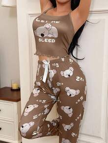 SHEIN 2pcs Cute Koala Print Camisole & Pants Pajama Set - Multicolor - View 3