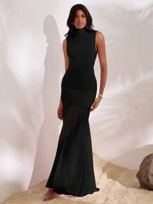 Opulessa 1 件女士纯色针织网眼修身美人鱼连衣裙 - 黑色 - 查看 4