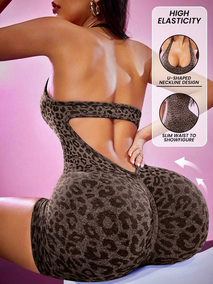 Easithlete Bộ đồ liền thân liền mạch họa tiết da báo dành cho nữ - Cà phê nâu - Xem 1