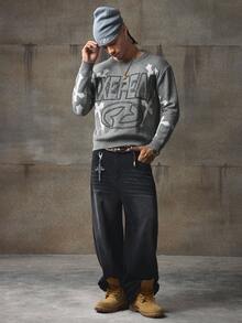 AXEPEAK Men's Casual Crew Neck Long Sleeve Sweater With Letter & Cross Pattern, Autumn, For Fall Winter - Grey - View 4