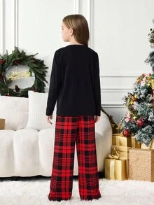SHEIN 青少年女孩休闲可爱线条卡通印花圆领长袖上衣和格子图案裤子家居服套装，秋冬舒适，适合圣诞节家居服，红色格子家居服 - 紅色 - 查看 2