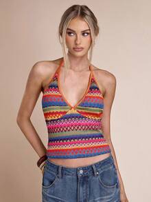 SHEIN BAE Women's Y2K Geometric Pattern Cropped Fitted Sexy Halter Neck Camisole - Orange - View 4