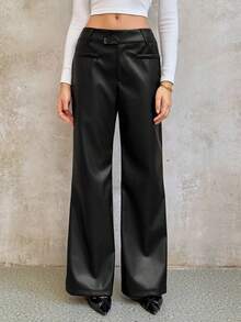 Sweetra 女式修身休闲PU喇叭裤，秋冬 - 黑色 - 查看 5