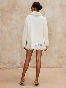 SHEIN Privé VITNOS Women's Off-White Autumn Casual Oversized Knit Sweater,Turtleneck Long Sleeve Tasseled Fringe Elegant Party Sweater For Any Occasion,Holiday - Beige - View 2