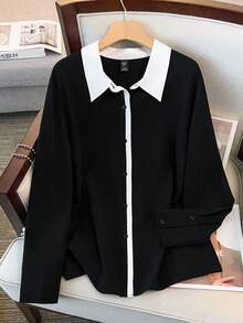 EMERY ROSE 大码女式法式长袖衬衫，初秋专业工作服衬衫 - 黑與白 - 查看 1