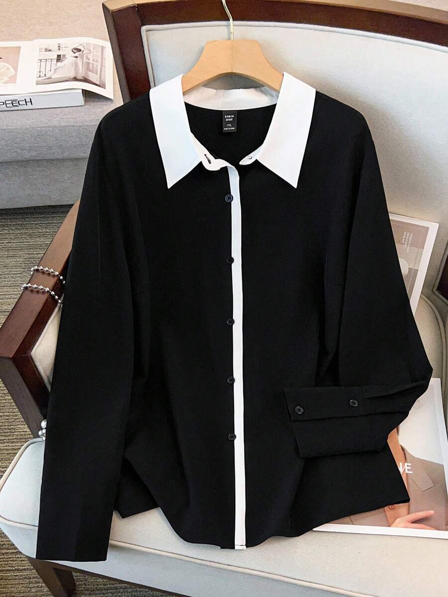 EMERY ROSE 大码女式法式长袖衬衫，初秋专业工作服衬衫 - 黑與白 - 查看 1