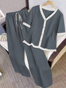 Franclia Plus Size Women's Woven Contrast Color Block V-Neck Short Sleeve Cardigan Shirt & Elastic Waist Straight Leg Pants Set, Elegant & Romantic - Dark Grey - View 1