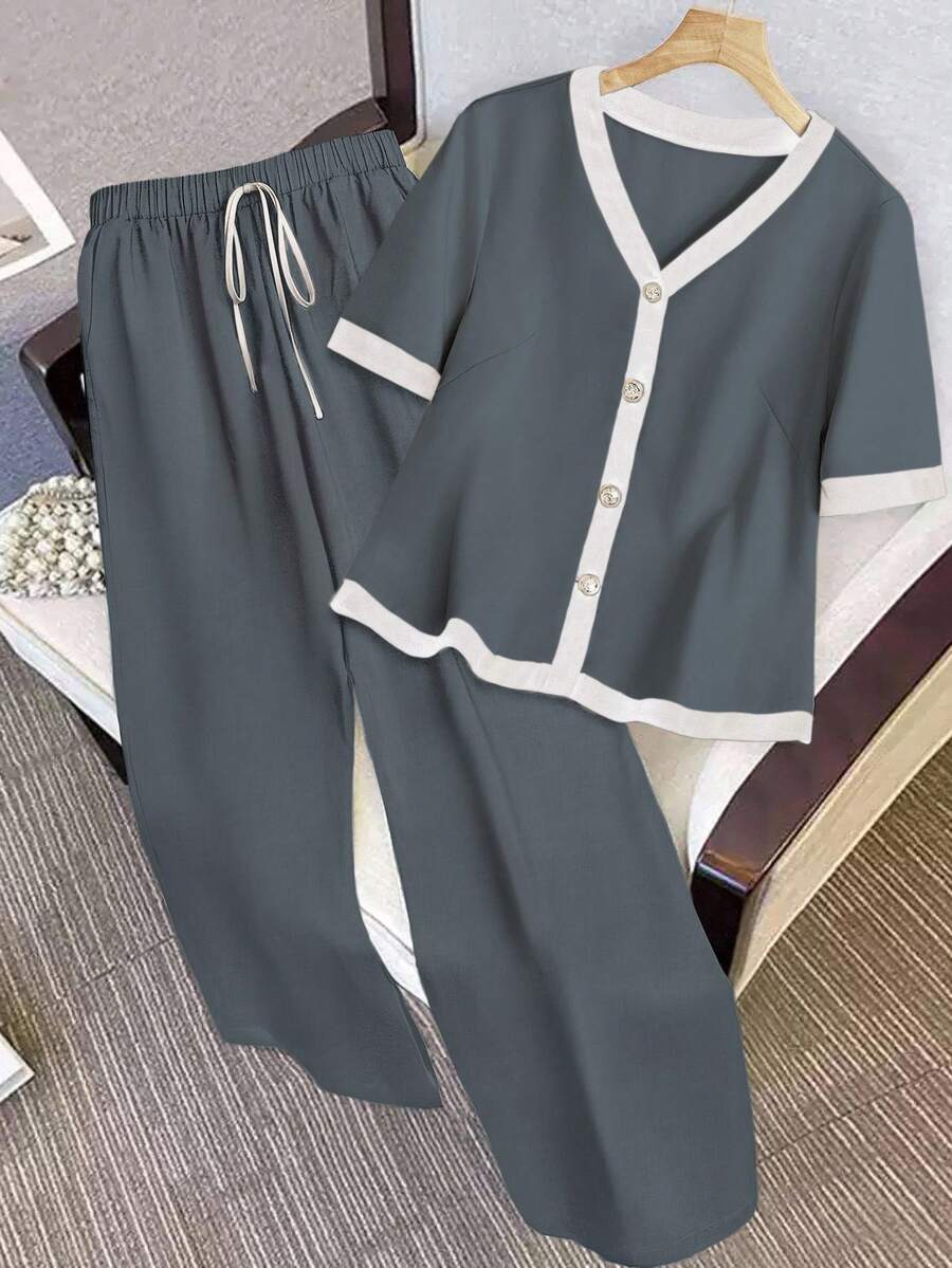 Franclia Plus Size Women's Woven Contrast Color Block V-Neck Short Sleeve Cardigan Shirt & Elastic Waist Straight Leg Pants Set, Elegant & Romantic - Dark Grey - View 1