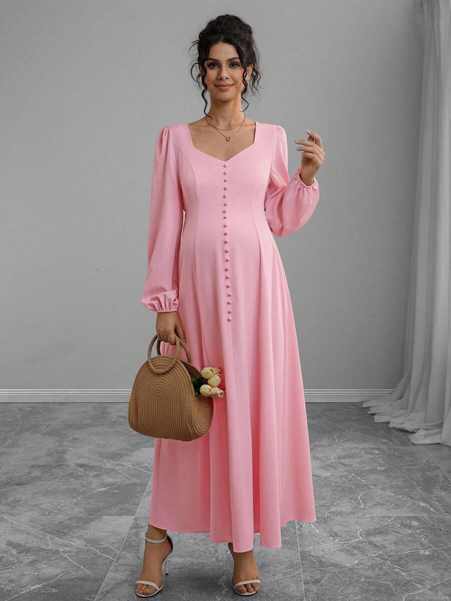 Momance 休闲孕妇长袖纯色长裙 - 西瓜粉 - 查看 1