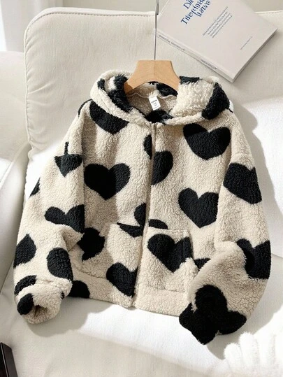 SHEIN Tween Girl Heart Fleece Hooded Zip-Up Jacket For Autumn/Winter, Suitable For Outdoor And Back To School Girls Fleece Jacket With Hood Girls Winter Fleece Jacket Tween Heart Jacket Kids Heart Print Jacket Girls Heart Jacket Kids Heart Jacket Cute Jacket Kid Girl Jacket Girl Fleece Jacket Fleece Jacket Coat For Girls Tween Plush Jacket Girl Clothes Autumn And Winter Clothes Fall