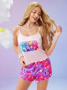 SweetSlumber X Carebears Cute & Fun Cartoon Pattern Cami Top & Shorts Women's Pajama Set Summer Sleepwear Sleep Shorts Set Summer Pj Set Care Bear Pajamas - Pink - View 1