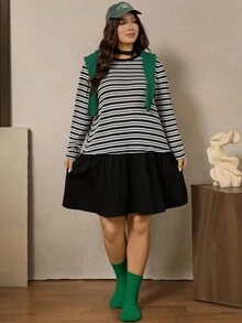SHEIN LUNE Plus Size Women's Striped Patchwork Solid Hem Mini Dress,Long Sleeves Round Neck A-Line Ruffle Hem Black And White,Autumn,Casual,Everyday Fall Clothes - Black - View 9