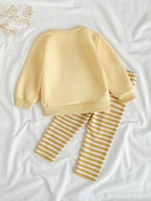 SHEIN Vintaside Kids 婴儿/幼儿女孩 0-3 岁休闲水果梨印花圆领长袖运动衫 + 罗纹打底裤 2 件套服装，春夏 - 黃色 - 查看 2