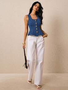 Poéselle Nouveauté Tops en denim pour femmes, col carré, bretelles, décoration boucle métallique, volants à la taille au dos, ourlet. Vêtements d'automne, tops en denim bleu foncé. Élégant à la française, mode de rue, porter au quotidien, idéal pour les voyages